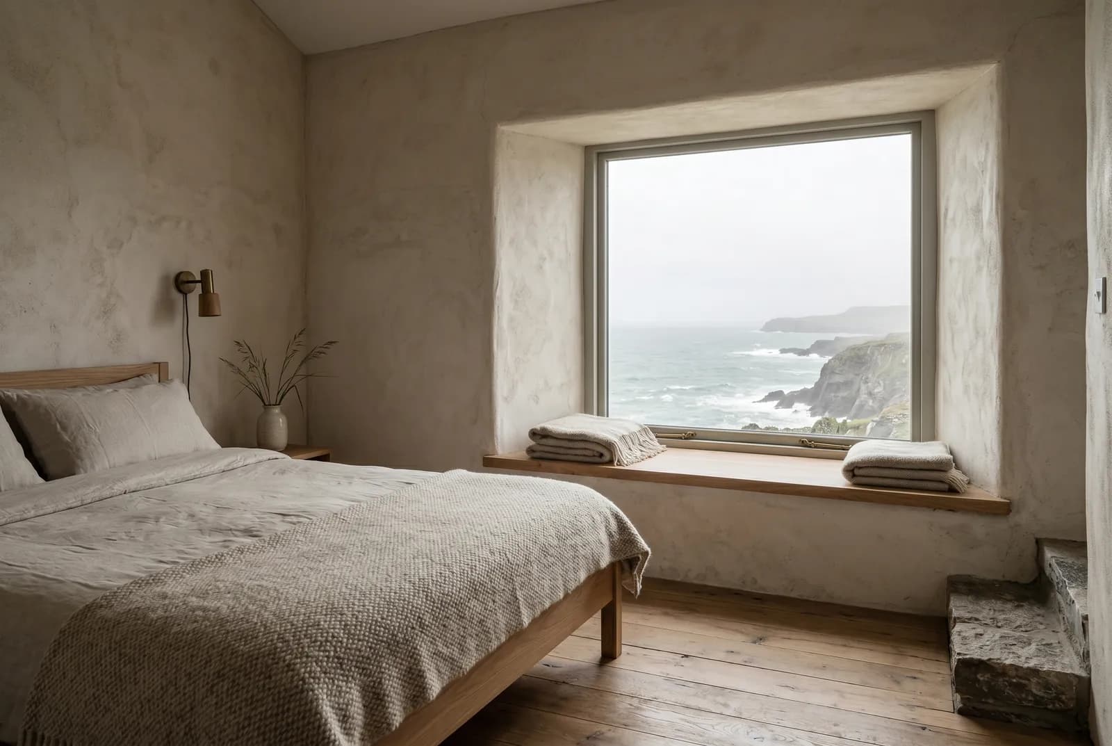 A spare coastal guest room with rough render walls, soft wool bedding, and a deep window seat framing the Atlantic.